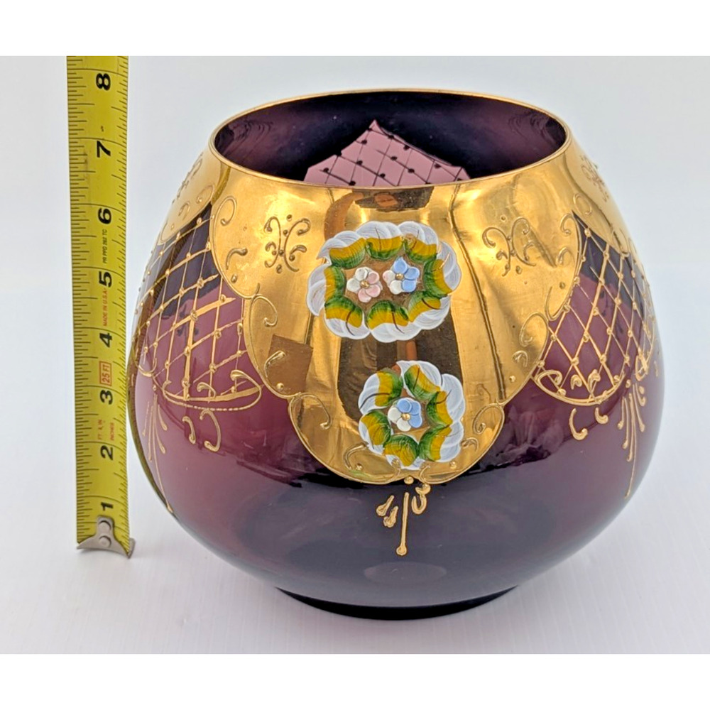 Large Bohemian Glass Bowl Purple Amethyst Gold Gilt Enameled Applied Flowers 7"